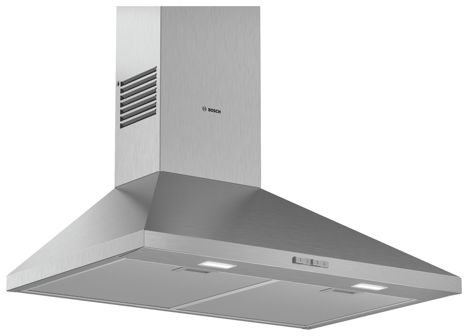 Brushed steel pyramid design kitchen hood with two filters, front control panel, and integrated LED lights, measuring 75cm in width, by Bosch.