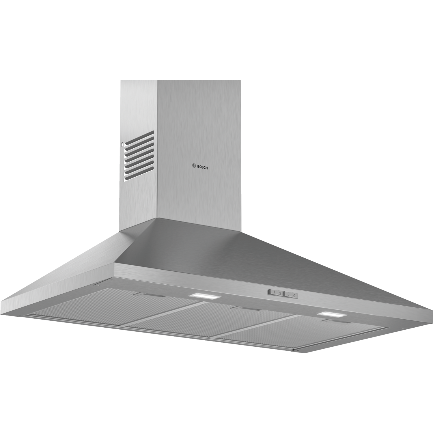Bosch DWP94BC50B Series 2 90cm pyramid design hood in brushed steel, featuring a sleek angled shape, three metal filters, and integrated LED lighting.