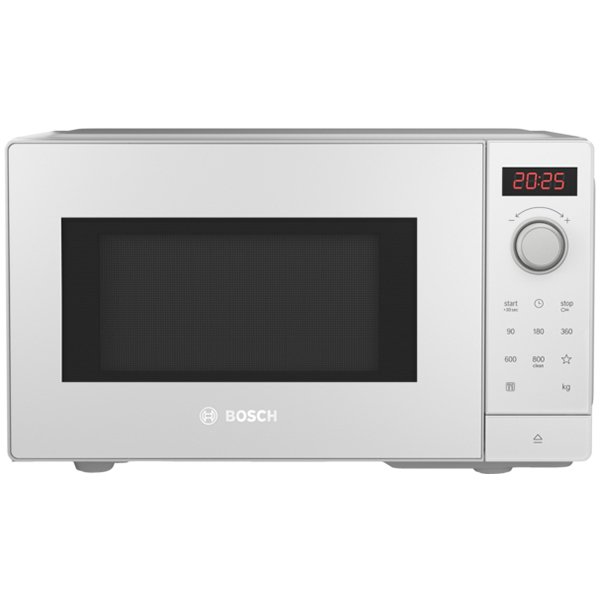 White Bosch FFL023MW0B single microwave with a 20L capacity, featuring a digital display, control panel with buttons, and a sleek stainless steel finish.