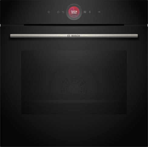 Black Bosch HBG7341B1B Series 8 electric single oven featuring a sleek design, stainless steel handle, digital control panel, and a large glass viewing window.