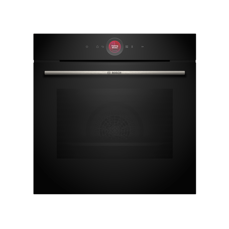 Sleek black built-in oven with a stainless steel handle, digital control panel featuring a red display, and a large glass door for easy viewing of the interior.