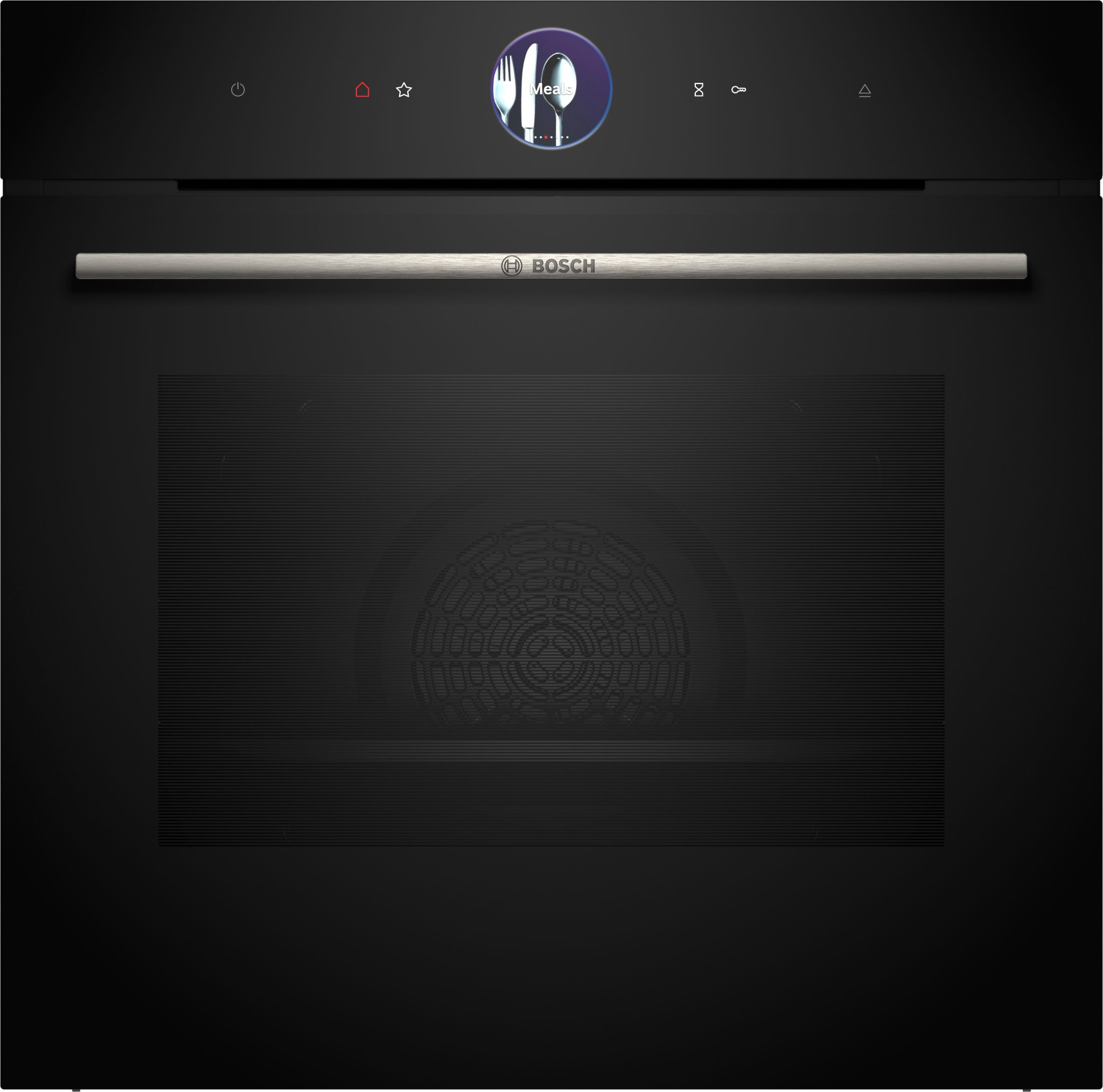 Bosch black electric single oven with a sleek design, featuring a stainless steel handle, digital control panel, and steam and air fry functions.