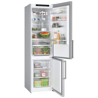 Free-standing Bosch KGN39AIAT fridge-freezer in stainless steel, featuring a bottom freezer, multiple shelves, transparent drawers, and organized compartments for food storage.