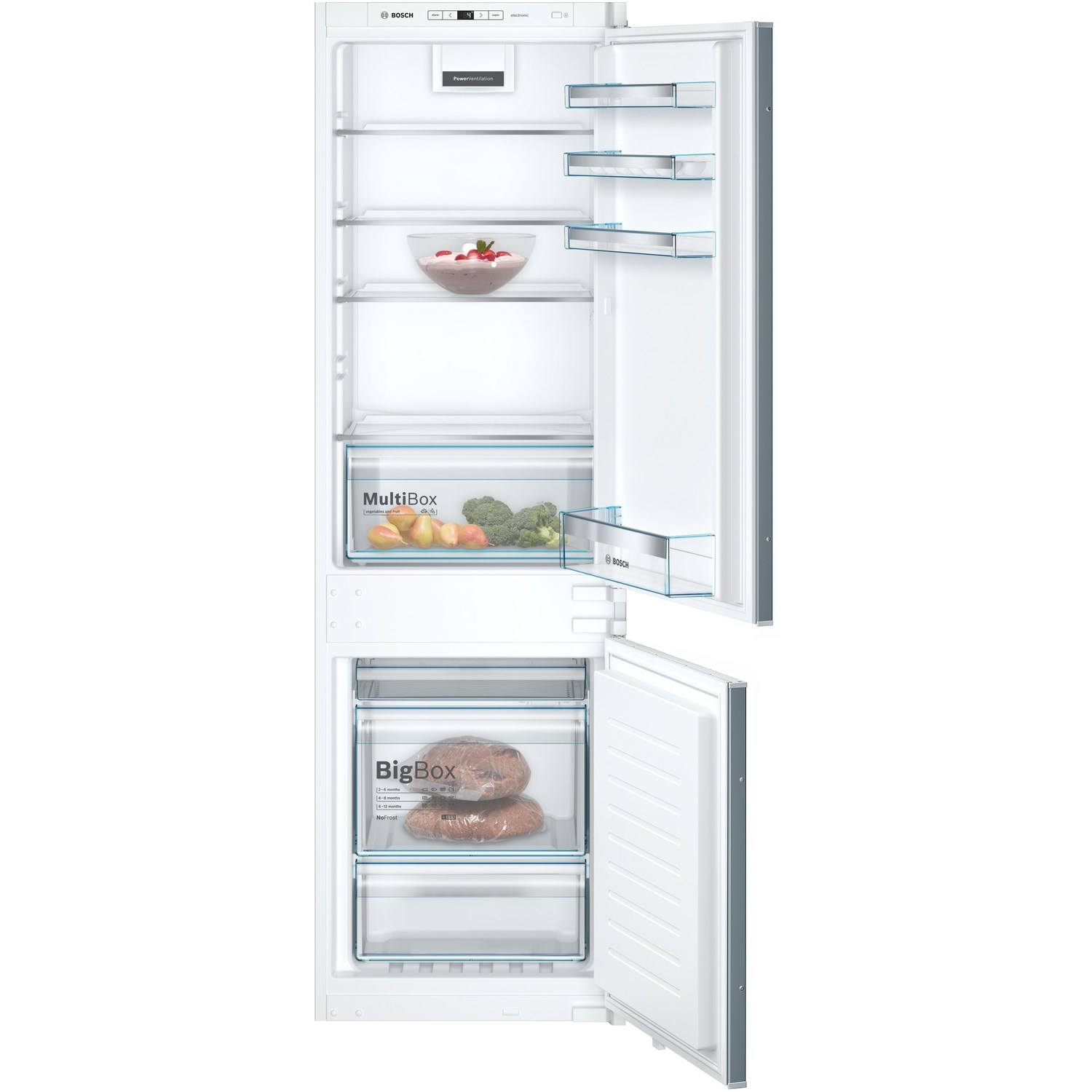 Built-in Bosch KIN86VSF0G fridge-freezer features a sleek white design, glass shelves, transparent drawers labeled "MultiBox" and "BigBox," and a bottom freezer compartment.