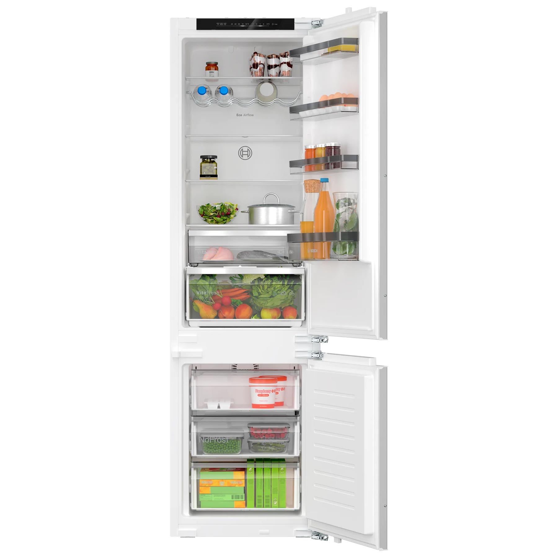 Bosch Series 4 integrated fridge freezer in white, featuring a 290-litre capacity, adjustable shelves, clear storage drawers, and a sleek, modern design with a digital control panel.