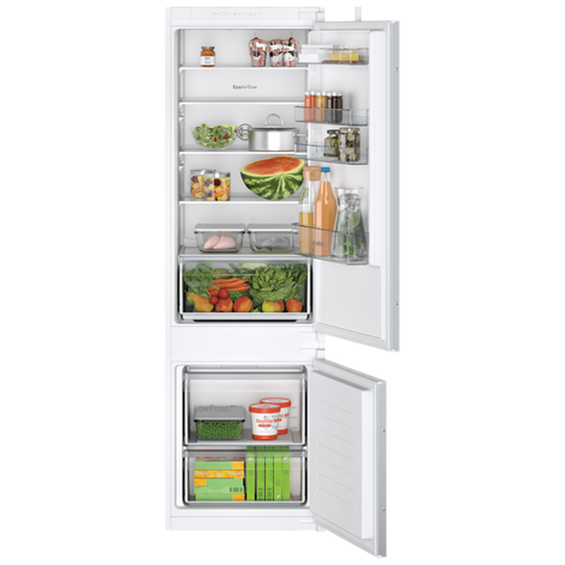 Bosch Series 2 integrated fridge freezer in white, featuring a 270-litre capacity, adjustable shelves, clear storage bins, and a spacious freezer compartment below.