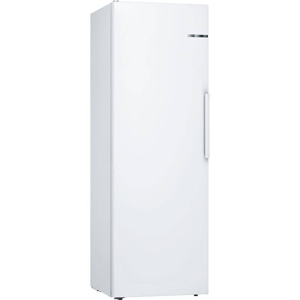 White 60cm freestanding larder fridge with a sleek design, featuring a stainless steel handle and a minimalist front panel, part of Bosch's KSV33VWEPG Series 4.