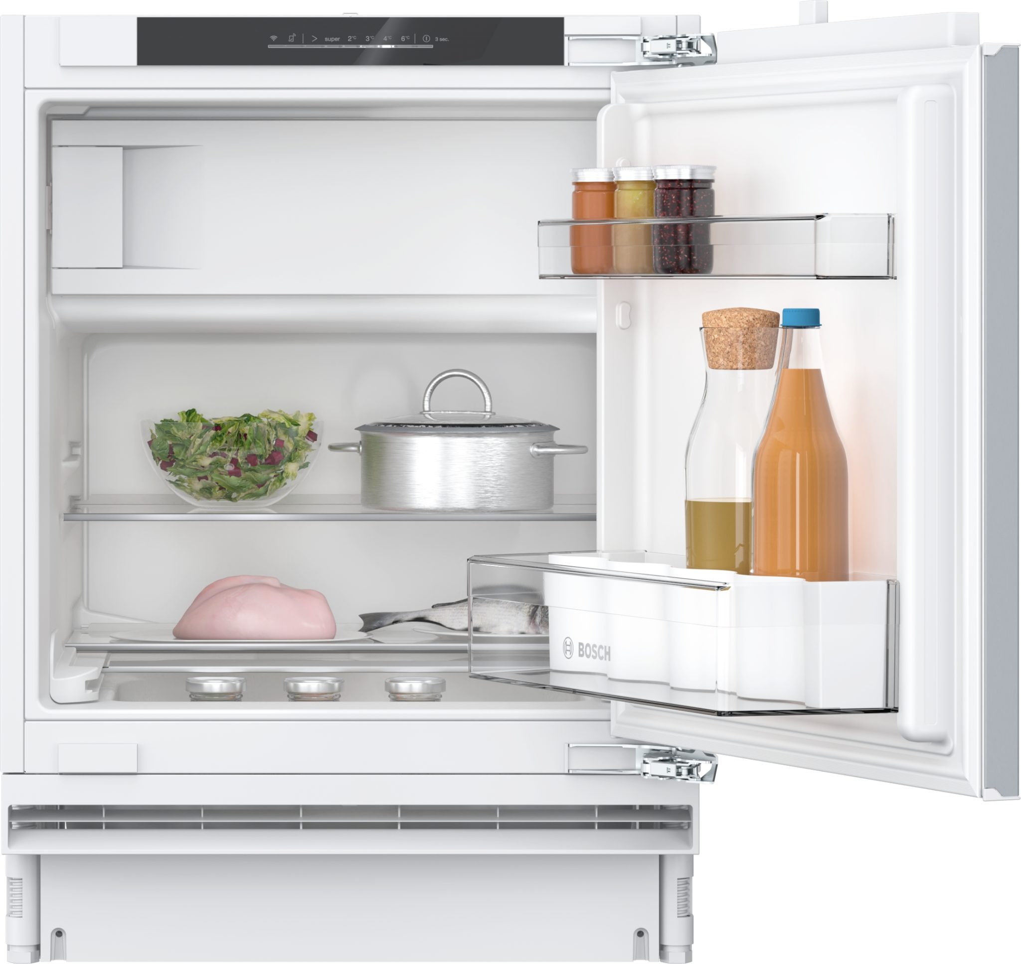 Fully integrated Bosch KUL22VFD0G fridge in white, featuring a transparent vegetable drawer, glass shelves, and an icebox, with items like salad, jars, and bottles inside.