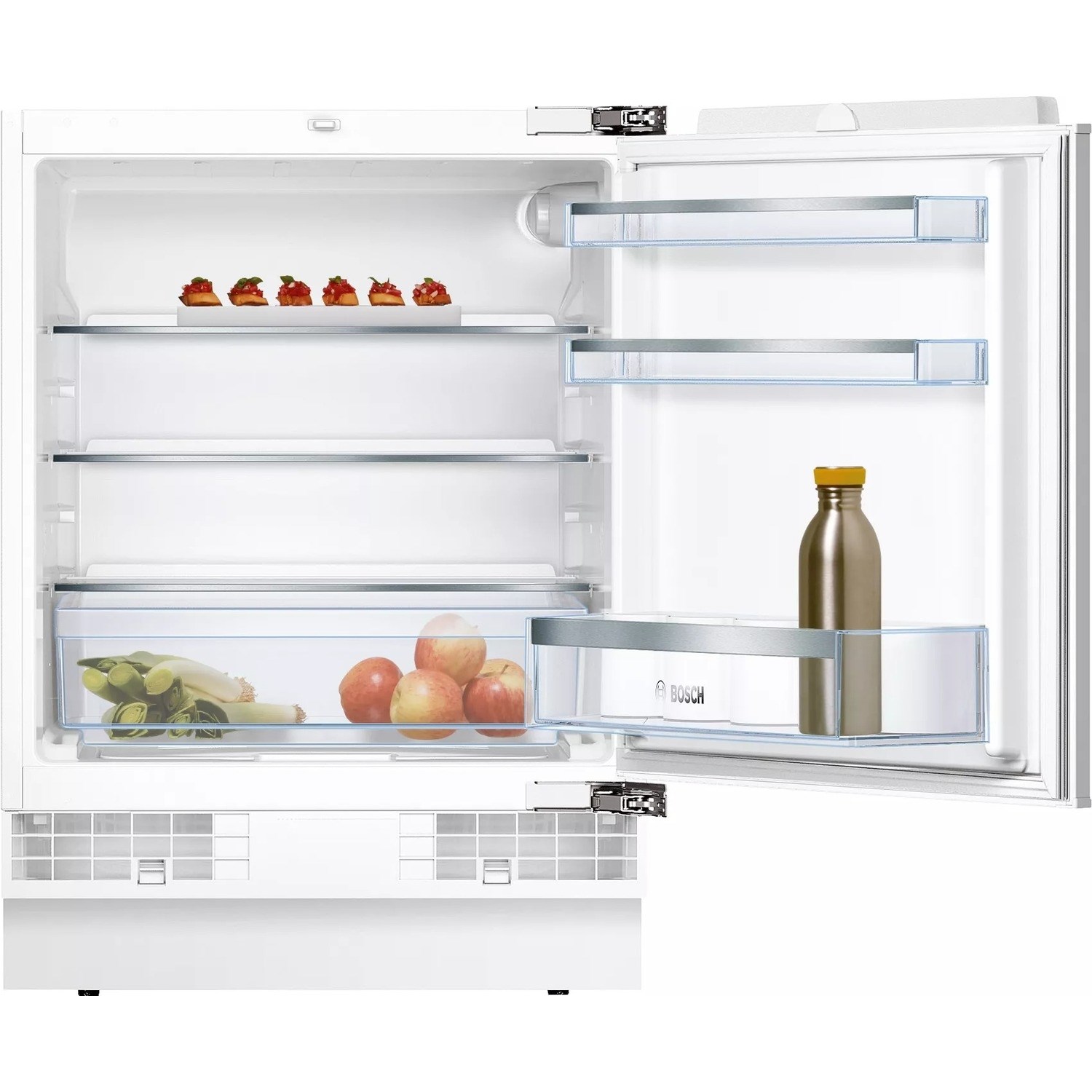 White built-under larder fridge with transparent shelves, a clear vegetable drawer containing apples, and a bottle in the door, featuring a sleek, modern design.