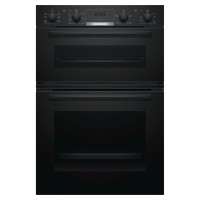 Bosch MBS533BB0B Black Series 4 built-in electric double oven featuring a sleek black finish, control knobs, digital display, and two spacious oven compartments.