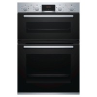 Bosch MBS533BS0B Series 4 built-in double oven featuring a brushed steel finish, black glass doors, and control knobs for precise temperature settings.