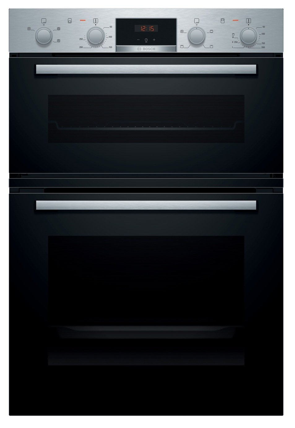 Stainless steel built-in electric double oven with a sleek black finish, featuring two large viewing windows, control knobs, and a digital display.