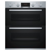Stainless steel Bosch NBS533BS0B Series 4 built-under electric double oven featuring two black glass doors, control knobs, and a digital display.