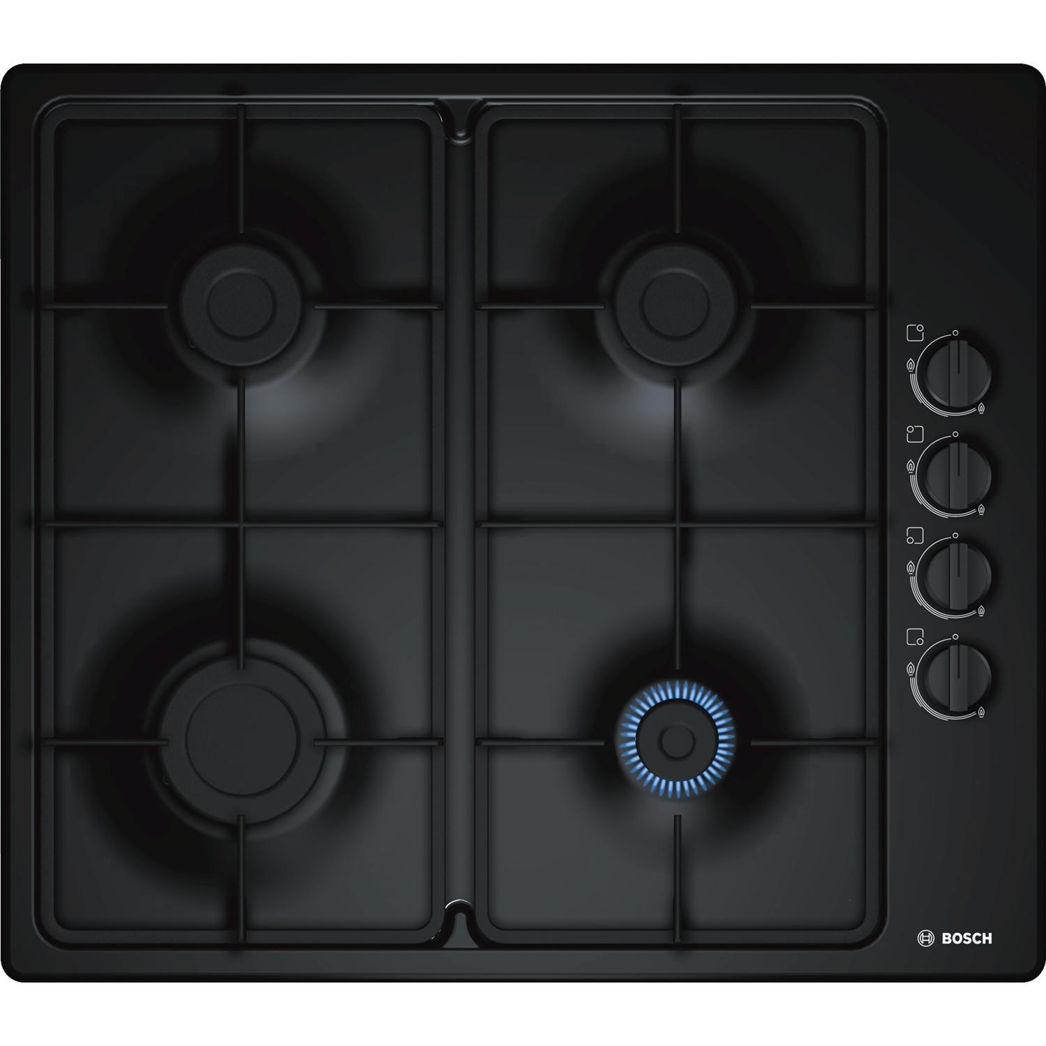 Bosch PBP6B6B60 gas hob featuring a sleek black design, four burners with cast iron supports, and side control knobs for easy operation.