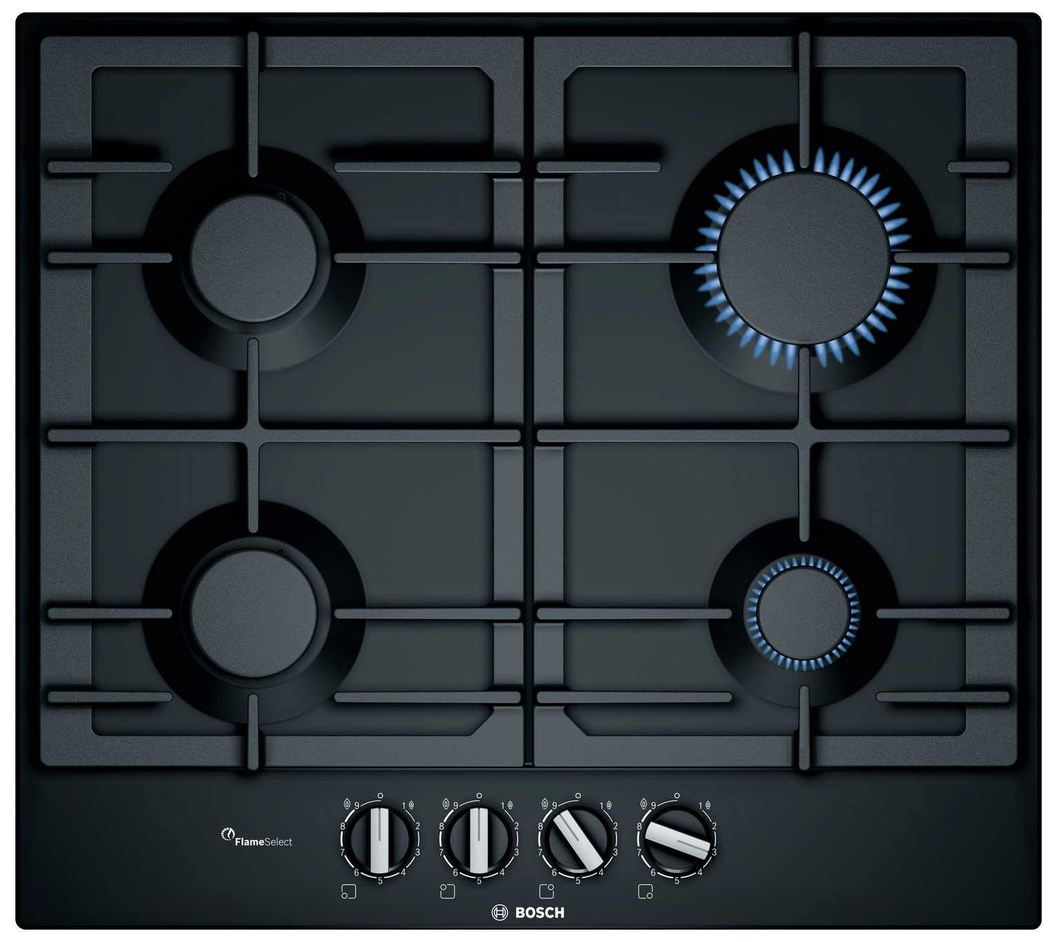 Bosch PCP6A6B90 60cm Series 6 black gas hob features four burners with a sleek black finish, metal knobs, and illuminated flame control indicators.
