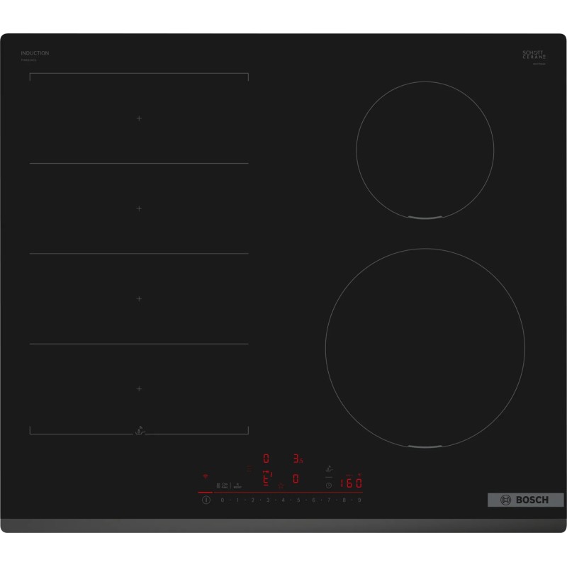 Bosch PIX631HC1E 60cm black induction hob featuring four cooking zones, including two FlexInduction zones, with touch controls and a sleek design.