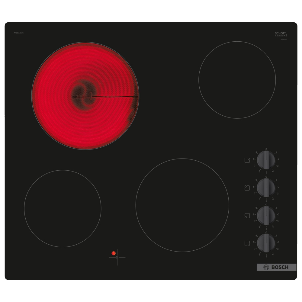 Frameless black ceramic hob featuring four cooking zones, with one zone illuminated in red, and control knobs on the right side for easy temperature adjustment.