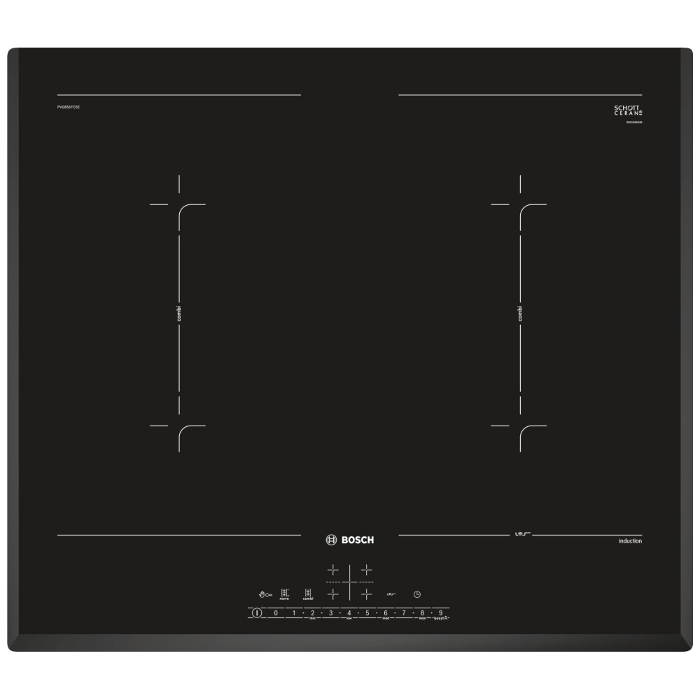 Bosch 60cm Series 6 black induction hob featuring a sleek glass surface, two cooking zones, and DirectSelect touch controls for easy operation.
