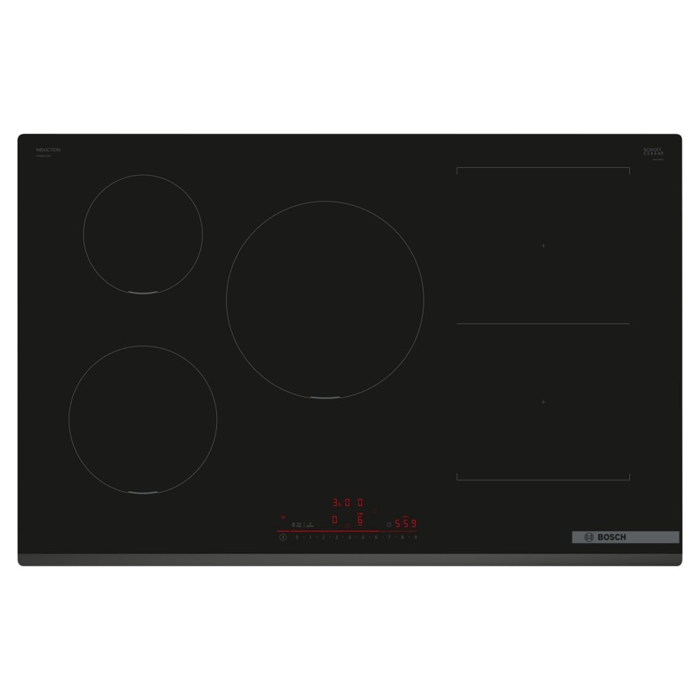 Bosch PVW831HB1E Series 6 black 80cm induction hob featuring five cooking zones, sleek glass surface, and touch controls with a digital display.