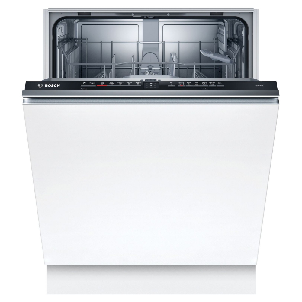Bosch built-in full-size dishwasher in sleek stainless steel with a black control panel, featuring 12 place settings and a spacious interior for efficient dish cleaning.