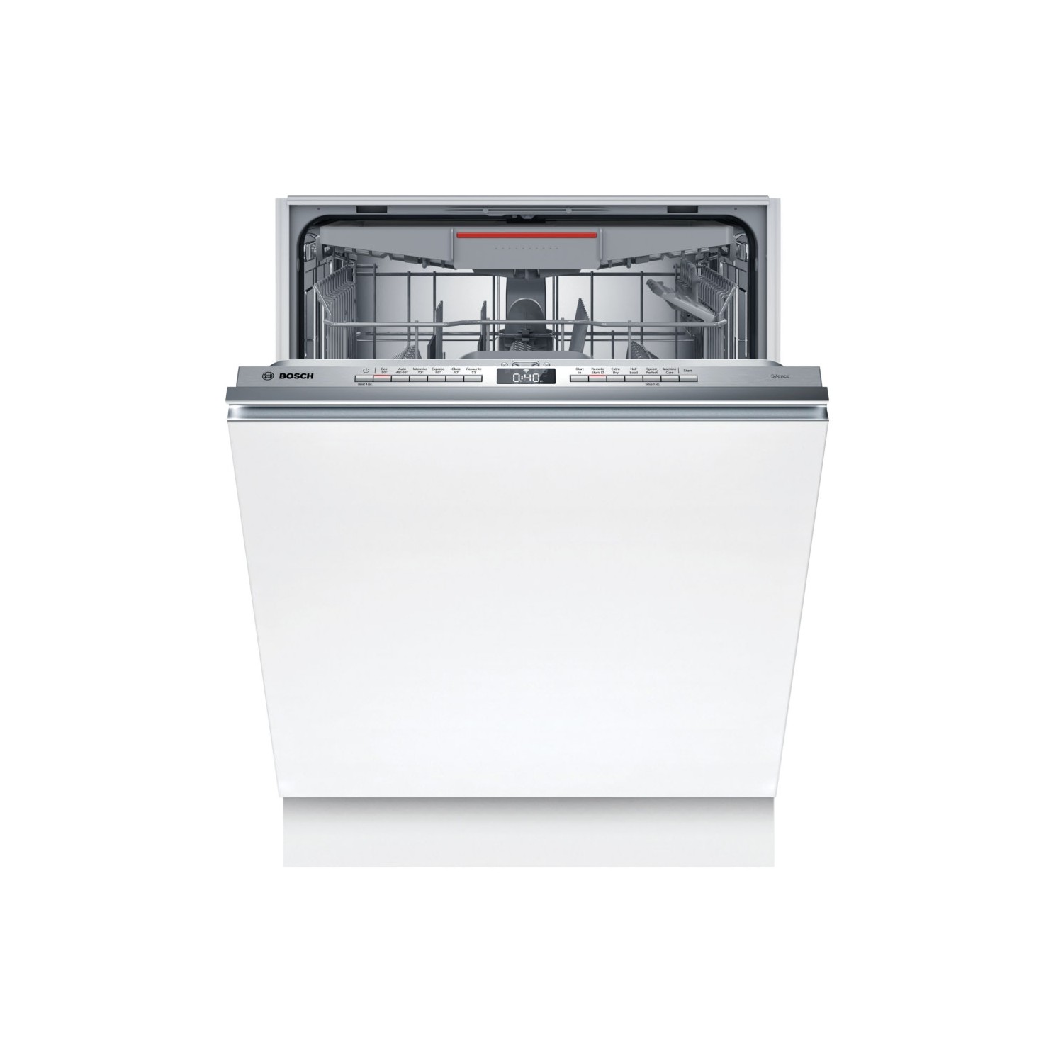 Integrated Bosch SMV4HVX00G Series 4 dishwasher in sleek white finish, featuring a stainless steel control panel, WiFi connectivity, and a fully enclosed design for seamless kitchen integration.