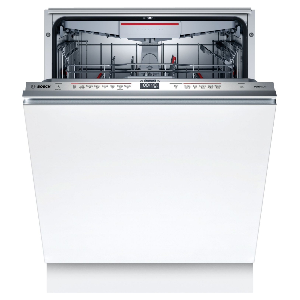 Built-in Bosch dishwasher with a sleek white front, featuring a digital control panel, stainless steel interior, and space for 13 place settings.