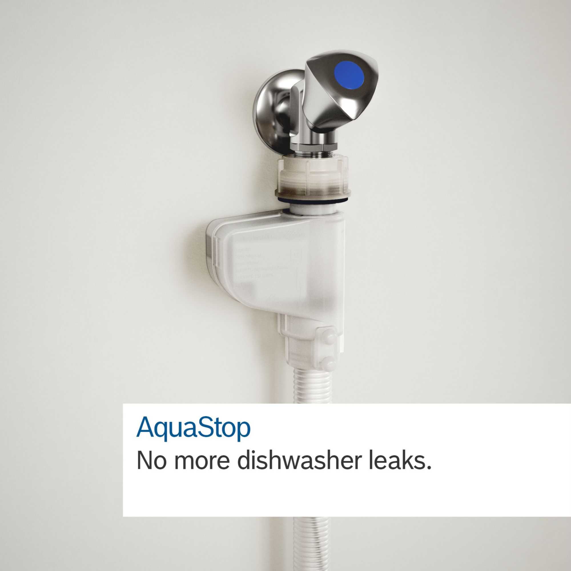 AquaStop feature with a chrome faucet attachment and a transparent hose, designed to prevent dishwasher leaks, mounted on a light-colored wall.