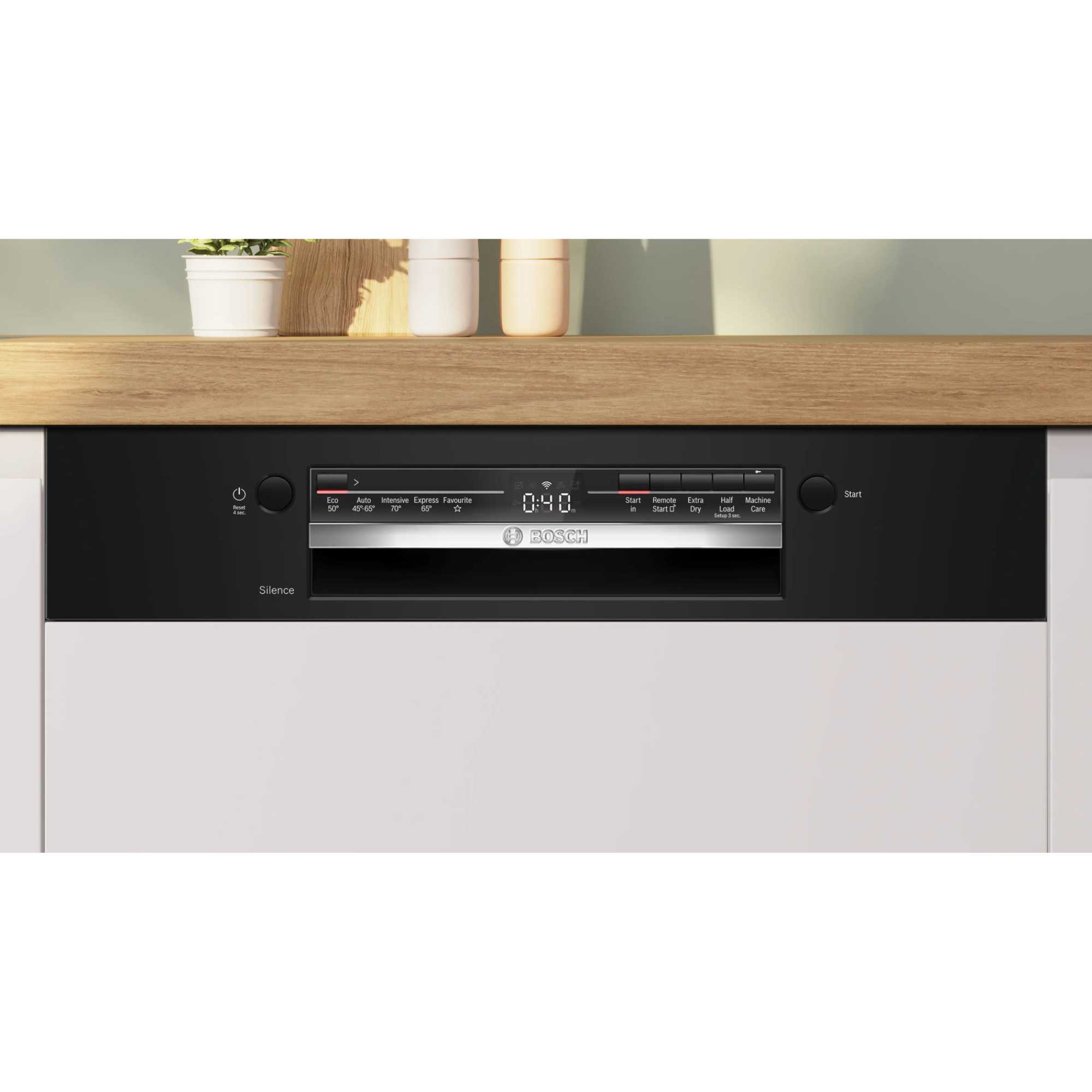 Semi-integrated Bosch SMI2HTB02G dishwasher with a sleek black control panel, digital display, and stainless steel accents, designed to blend seamlessly into kitchen cabinetry.