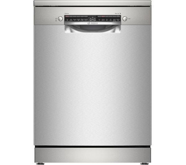 Stainless steel Bosch SMS4EKI06G Series 4 freestanding dishwasher featuring a sleek design, digital display, and WiFi connectivity for smart home integration.