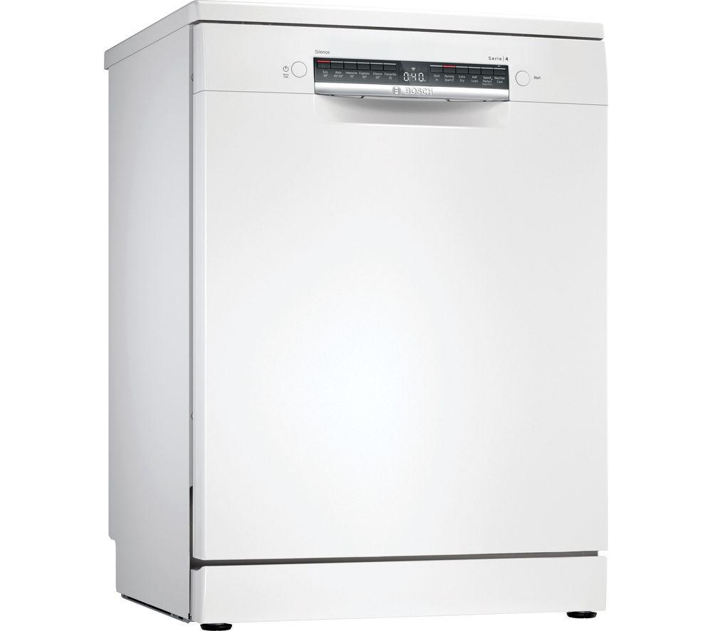 Bosch SMS4HKW00G freestanding dishwasher in white, featuring a sleek design, control panel with digital display, and a 60cm width for efficient kitchen integration.