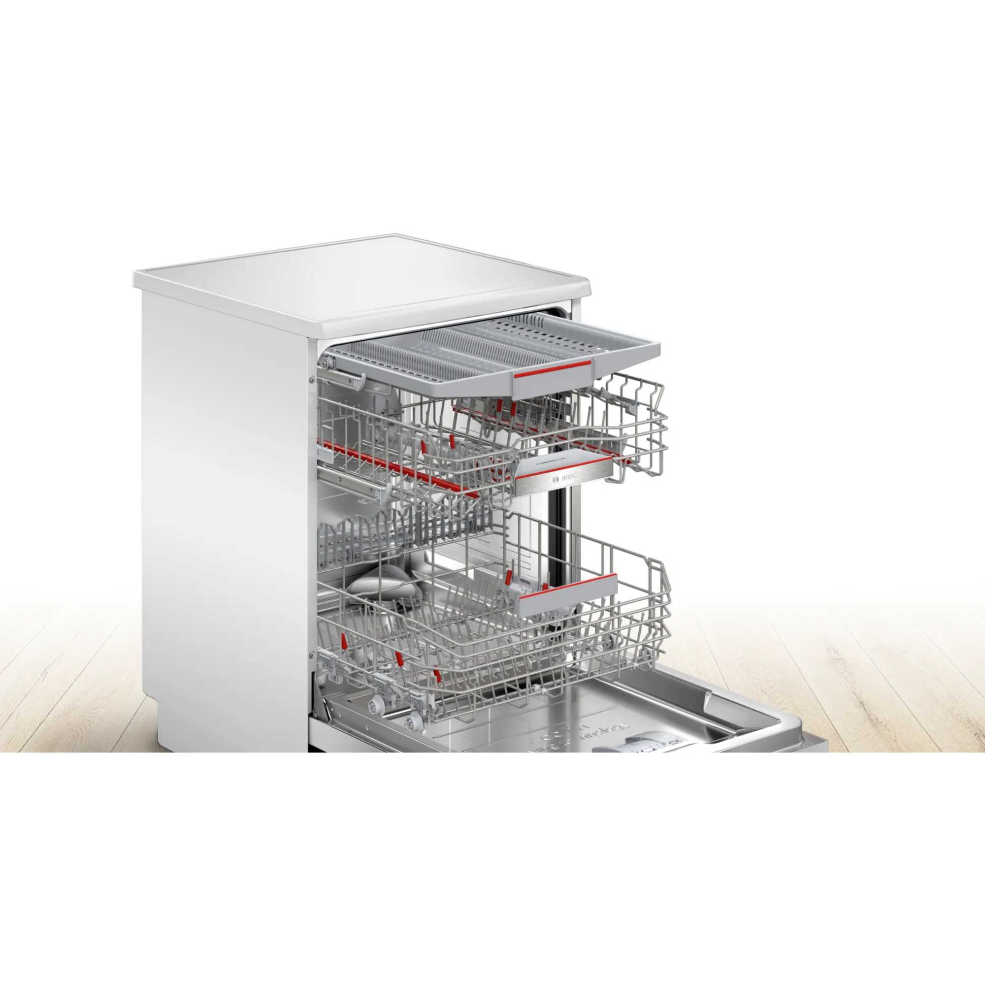 Freestanding white Bosch dishwasher with a sleek design, featuring two metal wire baskets, a top cutlery tray, and a stainless steel interior for 14 place settings.