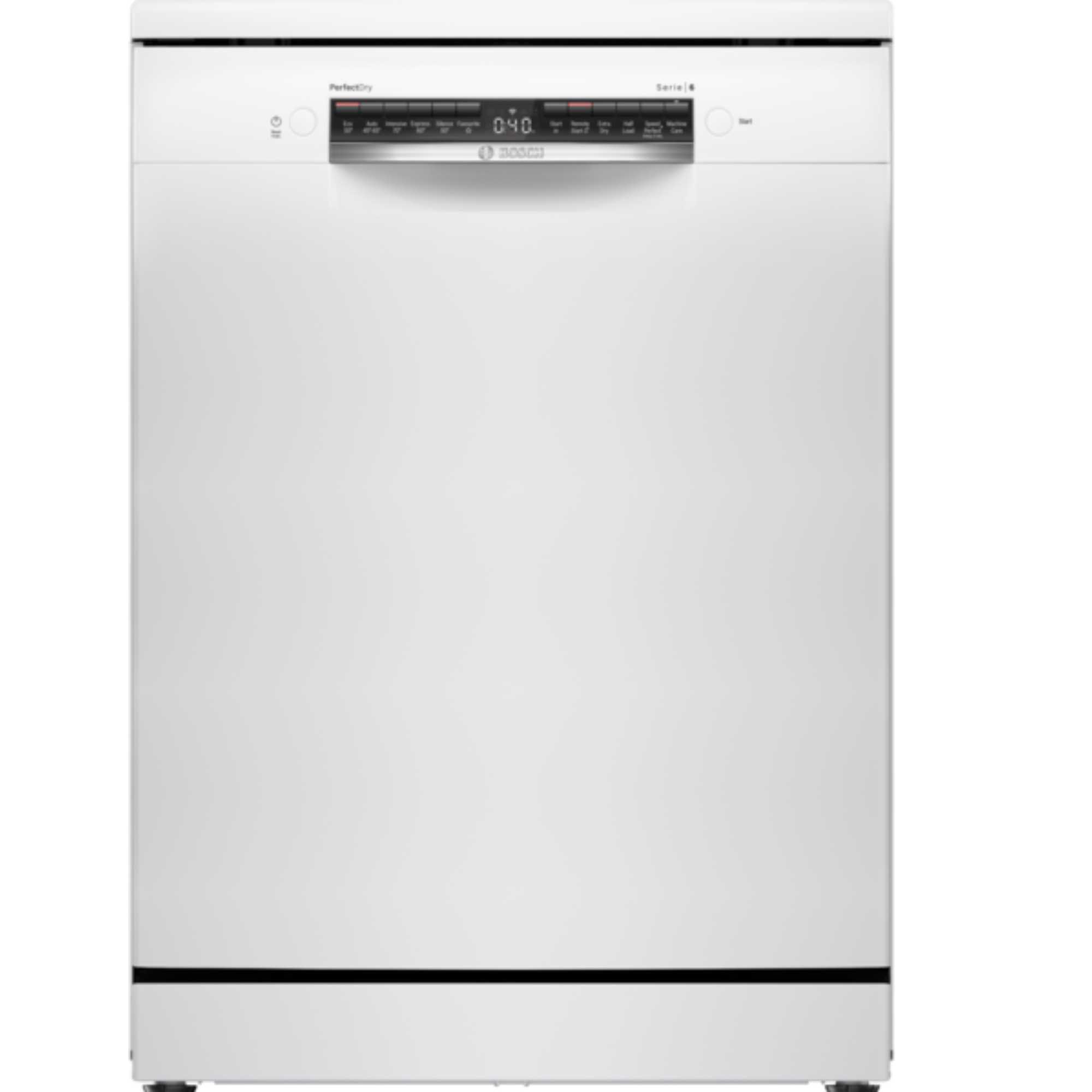 Freestanding white Bosch Series 6 dishwasher with a sleek design, smart Wi-Fi capability, B-rating, and a control panel featuring a digital display for 14 place settings.