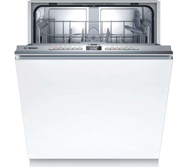 Integrated Bosch SMV4HTX00G Series 4 dishwasher in sleek white, featuring a stainless steel control panel, WiFi connectivity, and an open door revealing spacious interior racks.