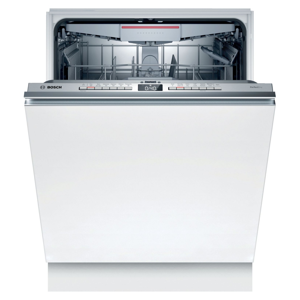 Bosch SMV6ZCX01G 60cm Series 6 integrated white dishwasher with a sleek white exterior, stainless steel control panel, and an open door revealing the interior racks.