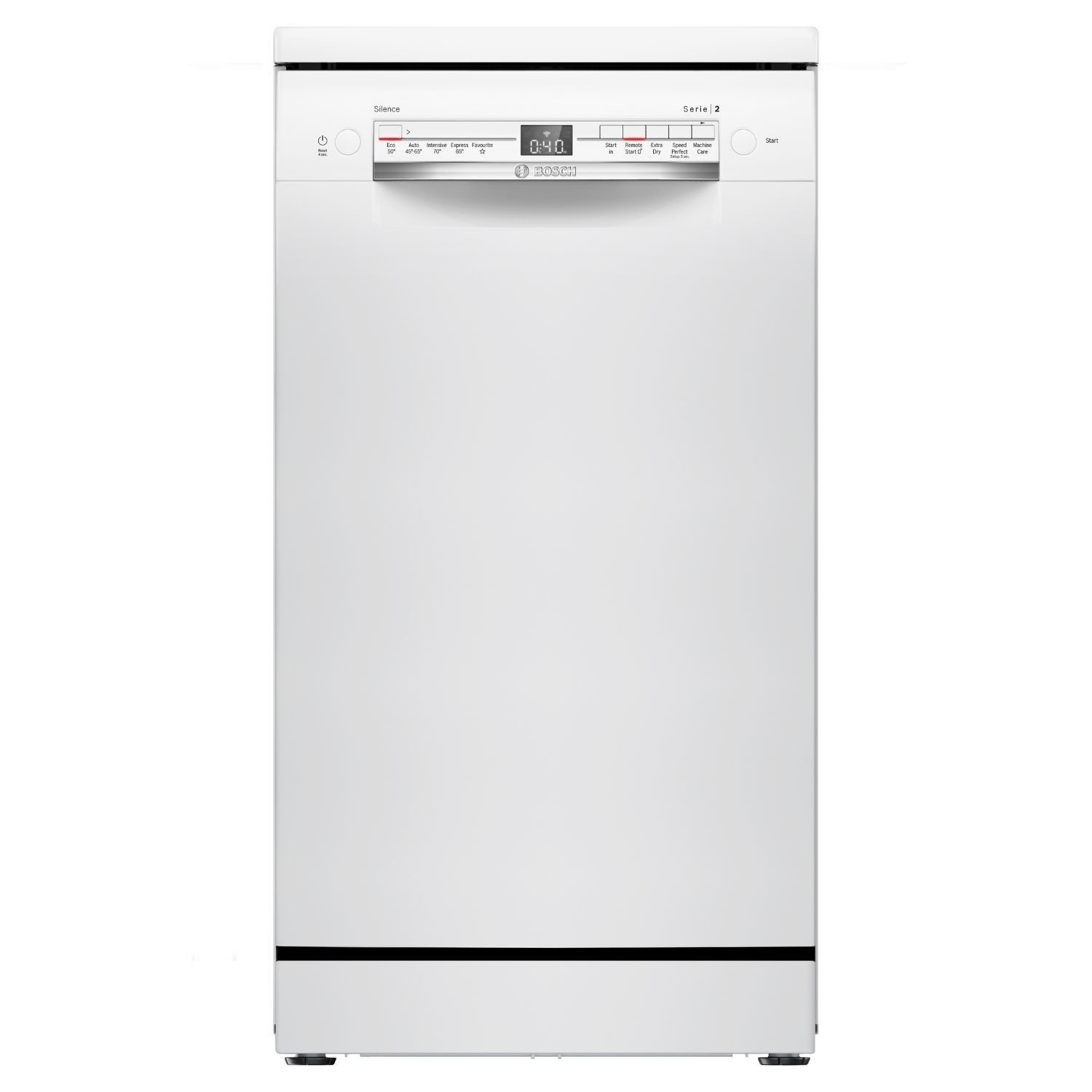 Freestanding slimline dishwasher in white with a sleek design, featuring a digital control panel and WiFi connectivity for smart home integration.