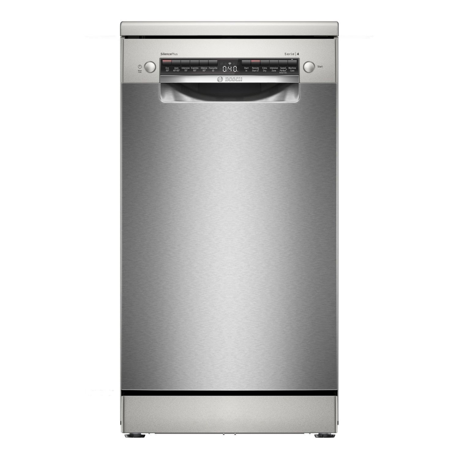 Freestanding slimline dishwasher in silver with a stainless steel finish, featuring a control panel with buttons and a digital display, and WiFi connectivity.