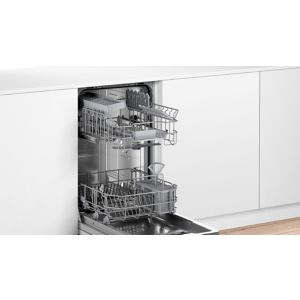 Bosch SPV2HKX39G Series 2 slimline dishwasher with a stainless steel interior, featuring two pull-out racks and a sleek, integrated white exterior.