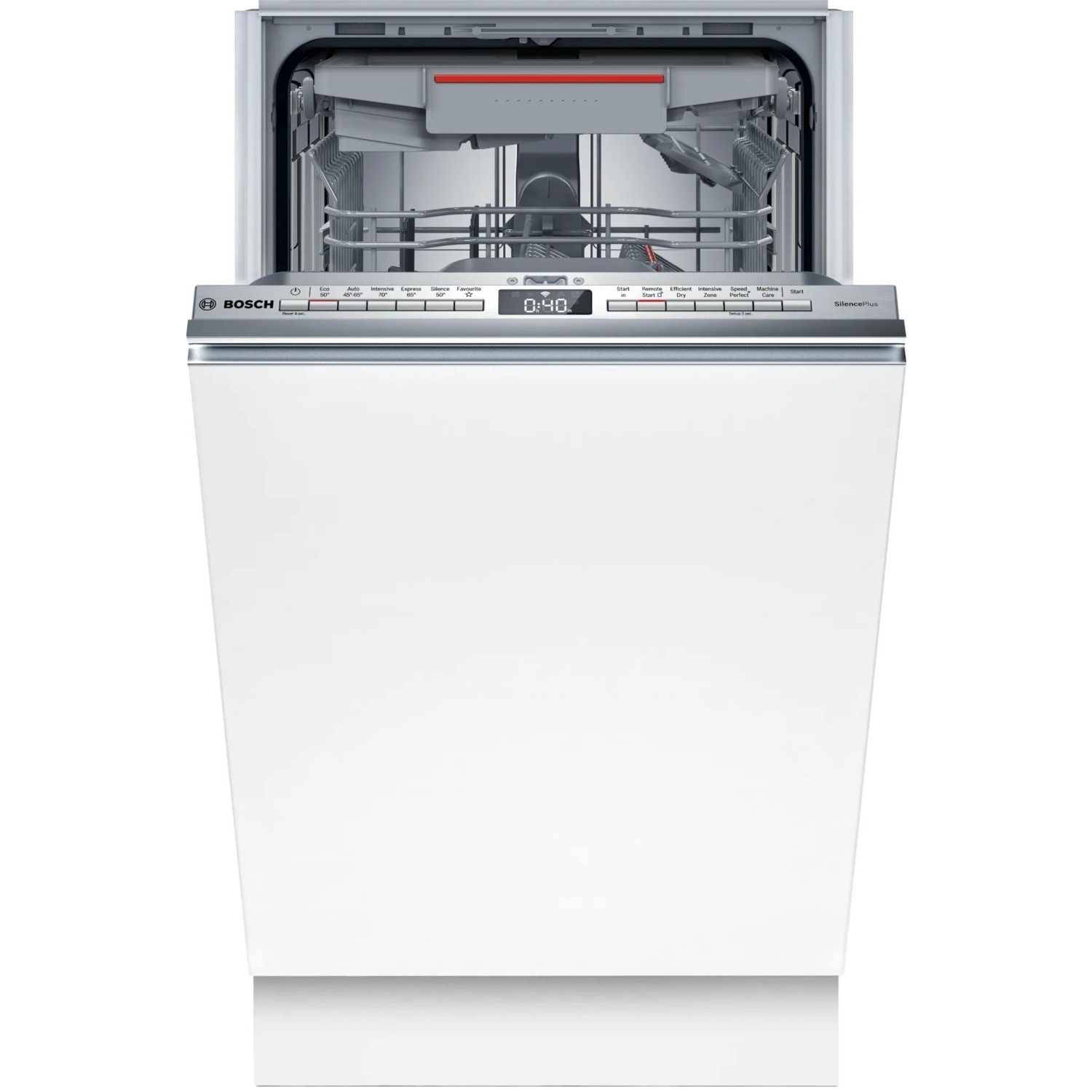 Bosch SPV4EMX25G Series 4 integrated slimline dishwasher in white, featuring a stainless steel interior, WiFi connectivity, and a sleek control panel with buttons and a display.