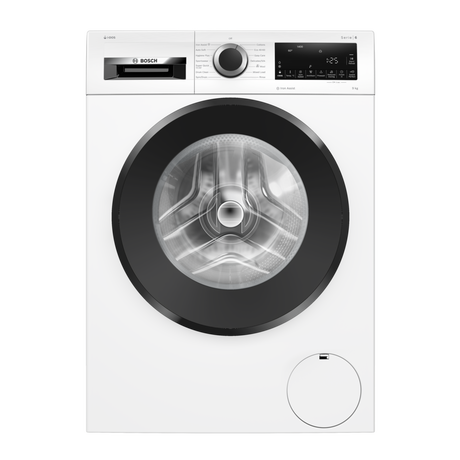 Freestanding white washing machine with a 9kg capacity, 1400RPM spin speed, large circular glass door, and control panel featuring a digital display and various settings.