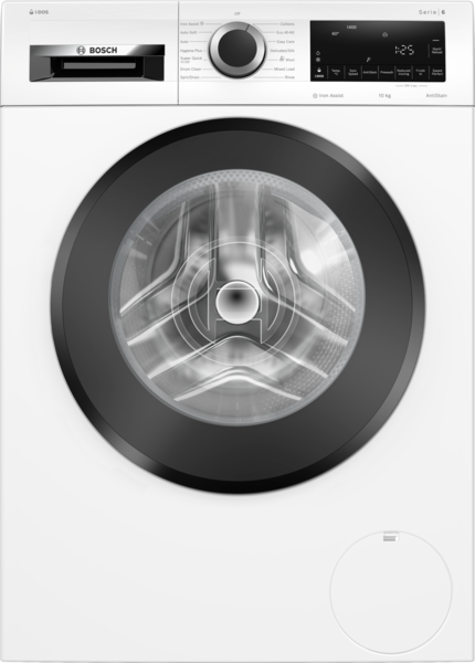 Bosch WGG254F0GB Series 6 washing machine in white, featuring a large black door, control panel with digital display, and a capacity of 10kg with 1400 RPM spin speed.