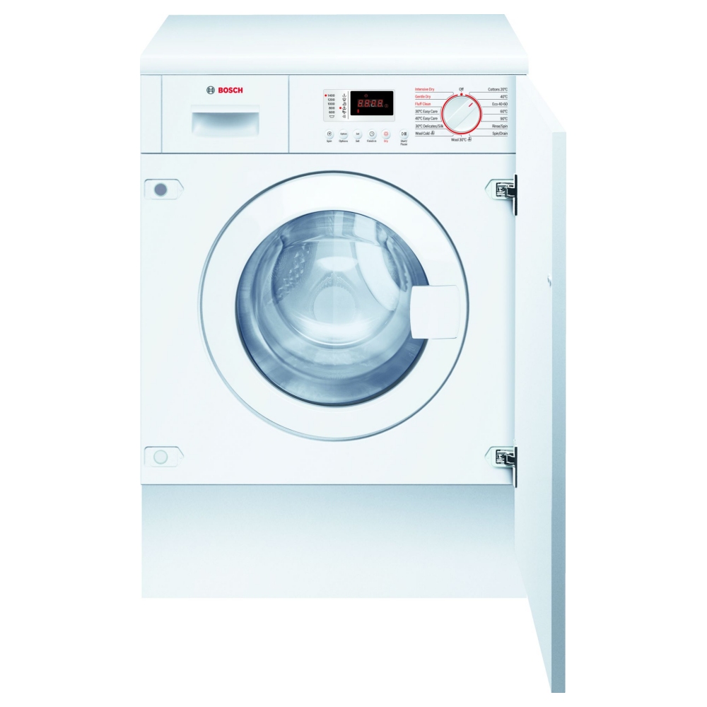 White integrated washer dryer with a glass door, control panel featuring digital display and red dial, and a sleek design suitable for modern kitchens.