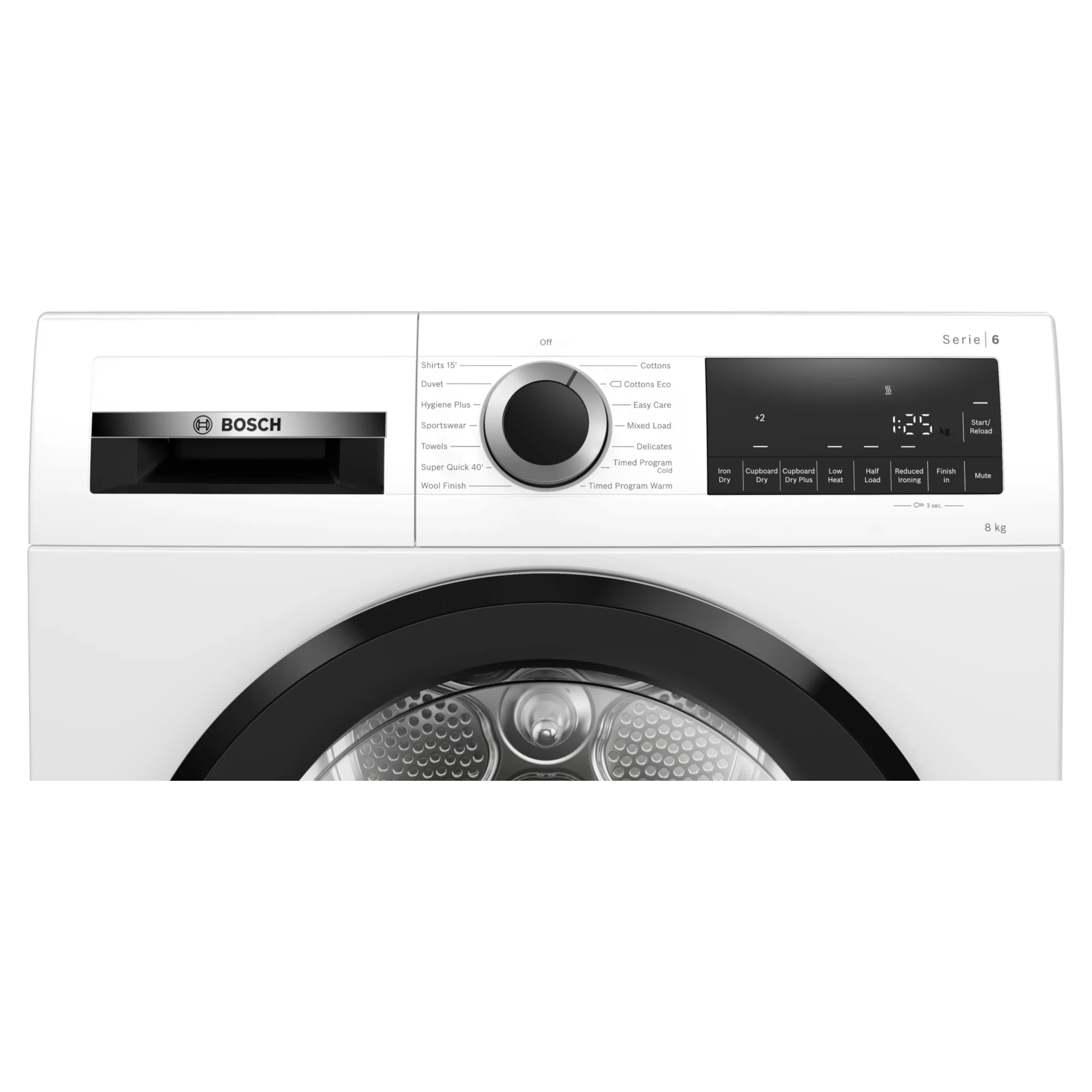 White Bosch WPG23108GB condenser tumble dryer featuring a black door, digital control panel with various settings, and a clear display showing time and cycle information.