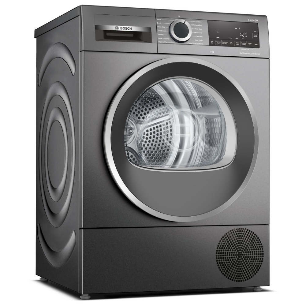 Bosch Serie 6 heat pump tumble dryer in graphite, featuring a large glass door, control panel with digital display, and a sleek, modern design suitable for 9kg laundry loads.