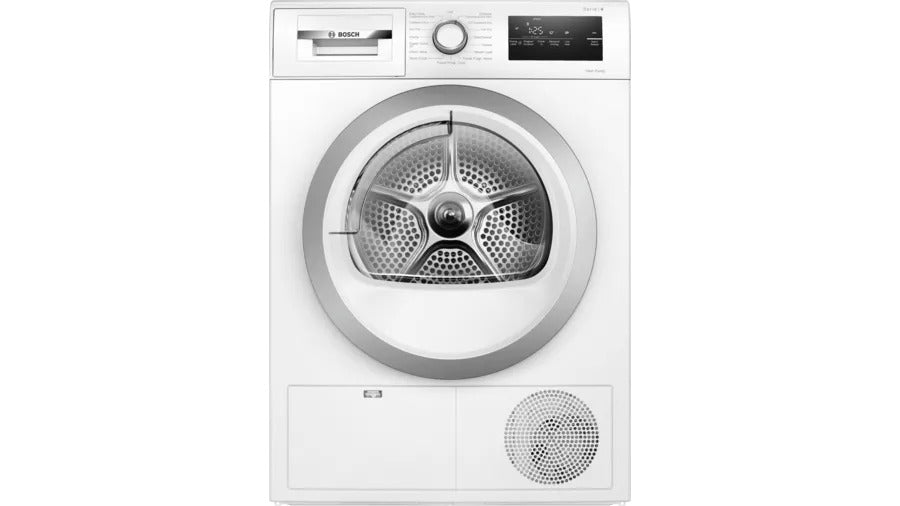 White Bosch WTH85223GB heat pump tumble dryer featuring a large circular drum, digital control panel, and a sleek design with a silver trim and vent at the bottom.