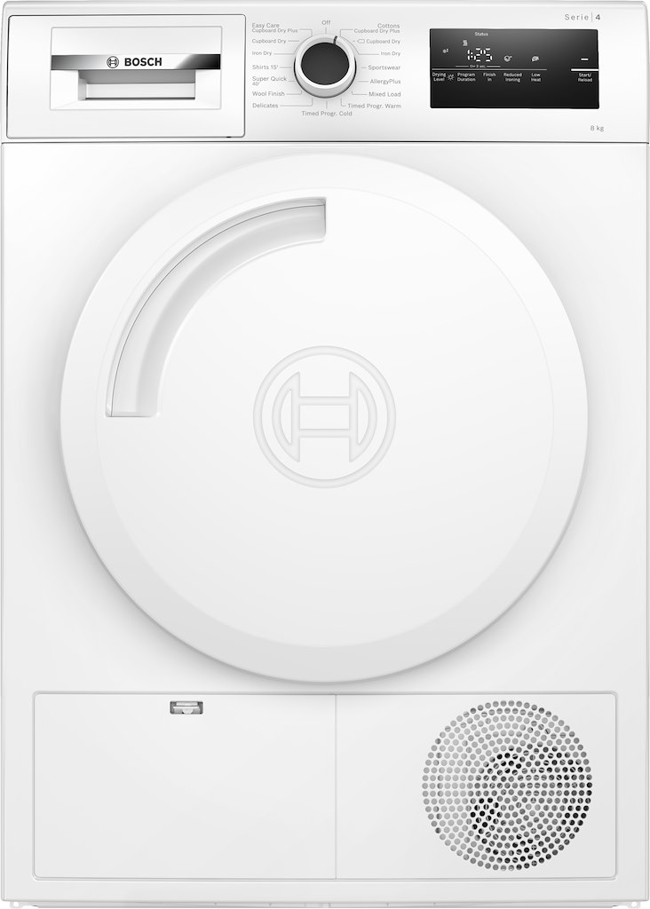 White Bosch WTN83202GB condenser tumble dryer featuring a large circular door, digital control panel, and a vented base for efficient drying.
