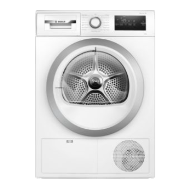 White Bosch WTN83203GB condenser tumble dryer featuring a large circular door with a metallic silver trim, control panel with a dial, and digital display for settings.