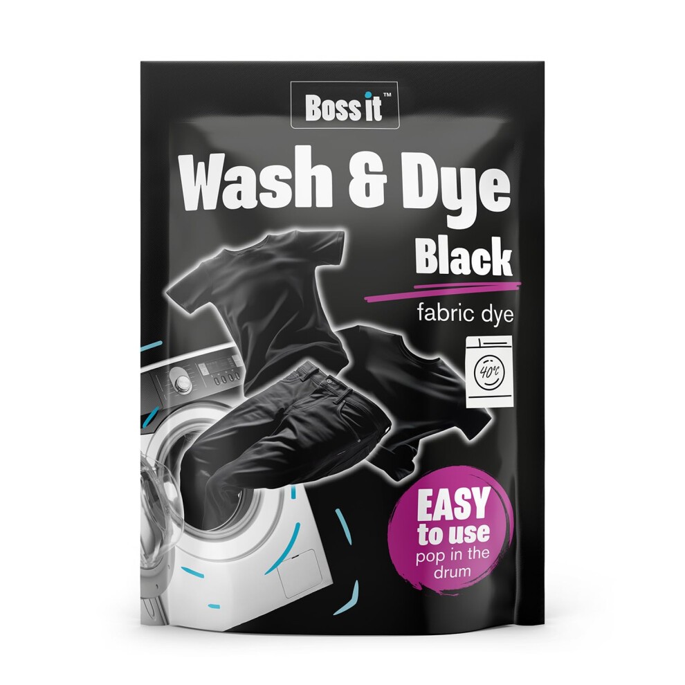Black packaging featuring "Wash & Dye Black" in bold white letters, with images of black clothing and a washing machine, highlighting its easy-to-use fabric dye for machines.