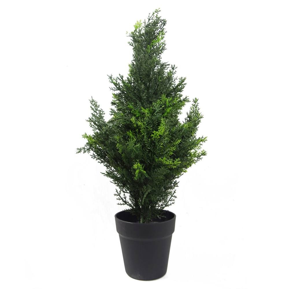 Realistic 60cm artificial Cedar Cypress topiary tree in a black pot, featuring lush green foliage with detailed leaf textures.