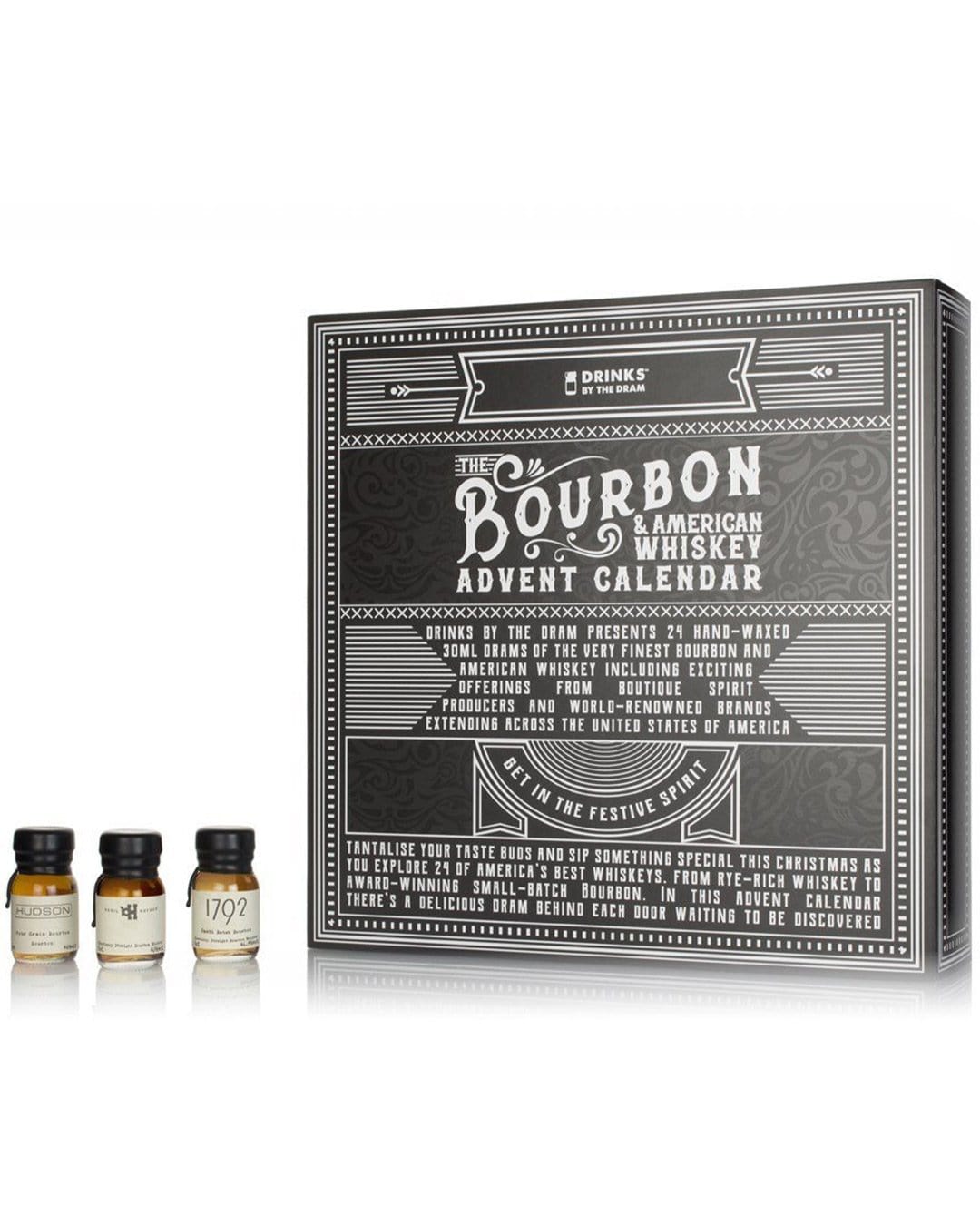 Bourbon & American Whiskey Advent Calendar featuring a black box with white ornate designs, containing 24 small bottles, each labeled with whiskey names and numbers.