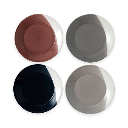 Set of four ceramic side plates in varying colors: deep maroon, dark blue, soft gray, and light gray, each featuring a glossy finish and a unique half-dipped design.